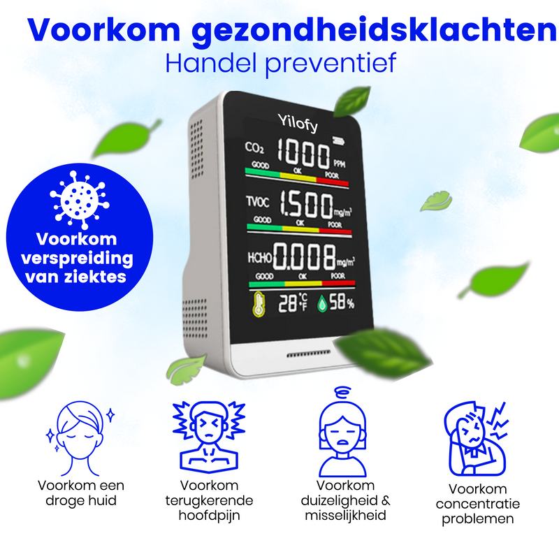 YILOFY Professionele 5 in 1 (NDIR) Luchtkwaliteitsmeter CO2 Meter Horeca Hygrometer