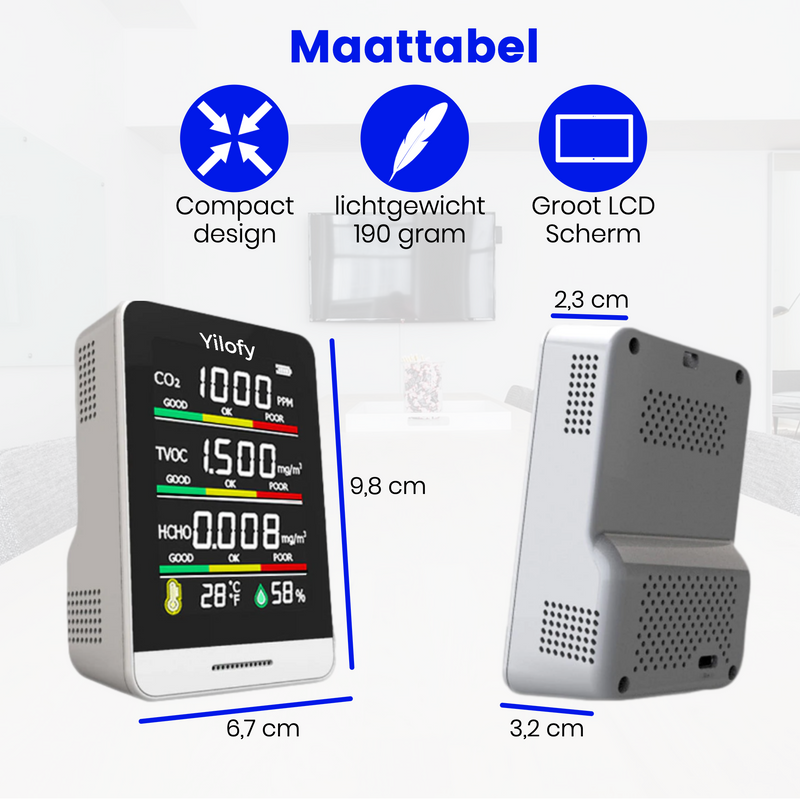 YILOFY Professionele 5 in 1 (NDIR) Luchtkwaliteitsmeter CO2 Meter Horeca Hygrometer